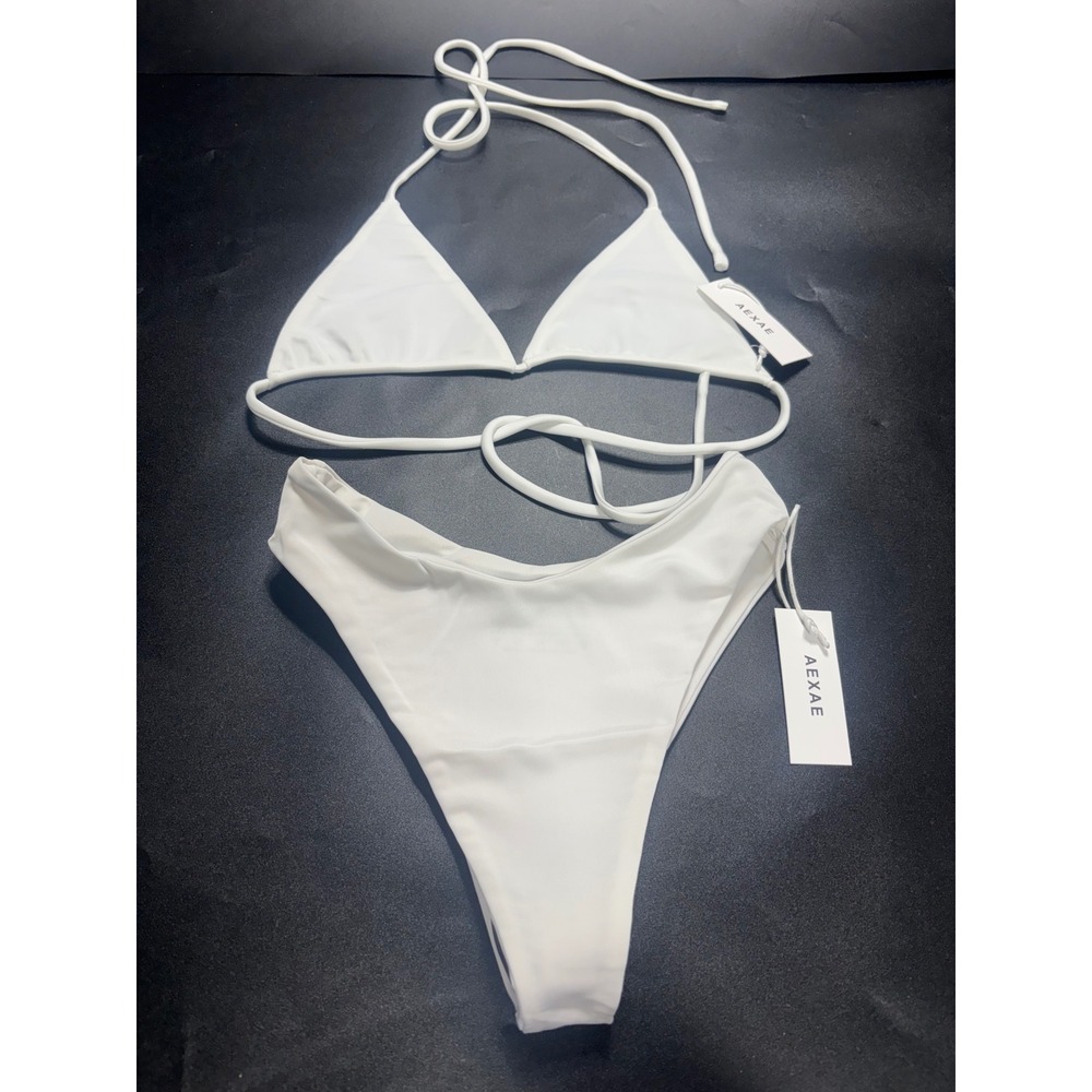 AEXAE Tyra Tie Neck Top‎ Mid Rise Bottoms White Bikini Set Small NWT Recycled